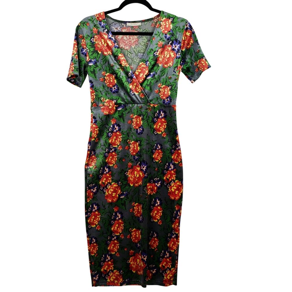 Zara Women's Size M Velvet Midi Dress Green Floral Sheath‎ Whimsigoth Witchy